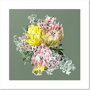 Watercolour pink protea and eucalyptus bunch Posters and Art